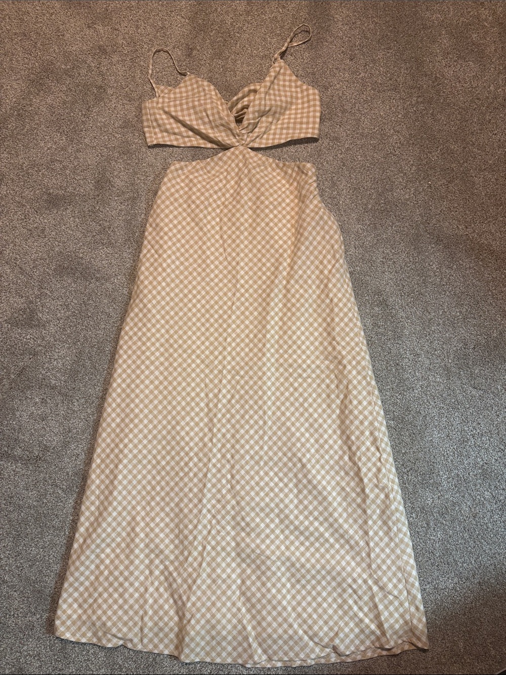 Abercrombie & Fitch Beige Gingham Maxi Skirt with Cutout Waist
